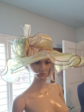 Pastel Green Wide-Brim Organza Floral Occasion Hat